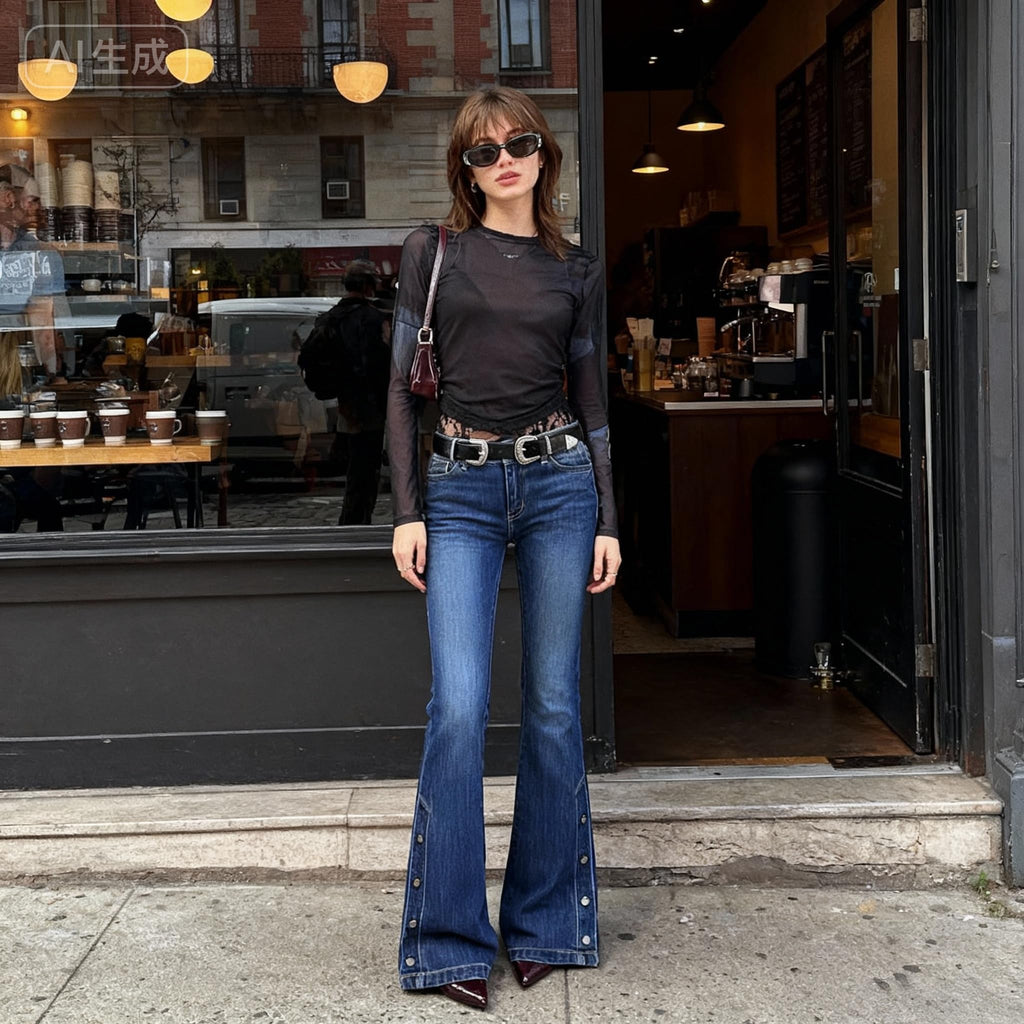 Women Bell Bottom Jeans Stretchy Flare Mid Rise Embroidery Vintage Denim Pants 90s Outfits Y2k Clothes