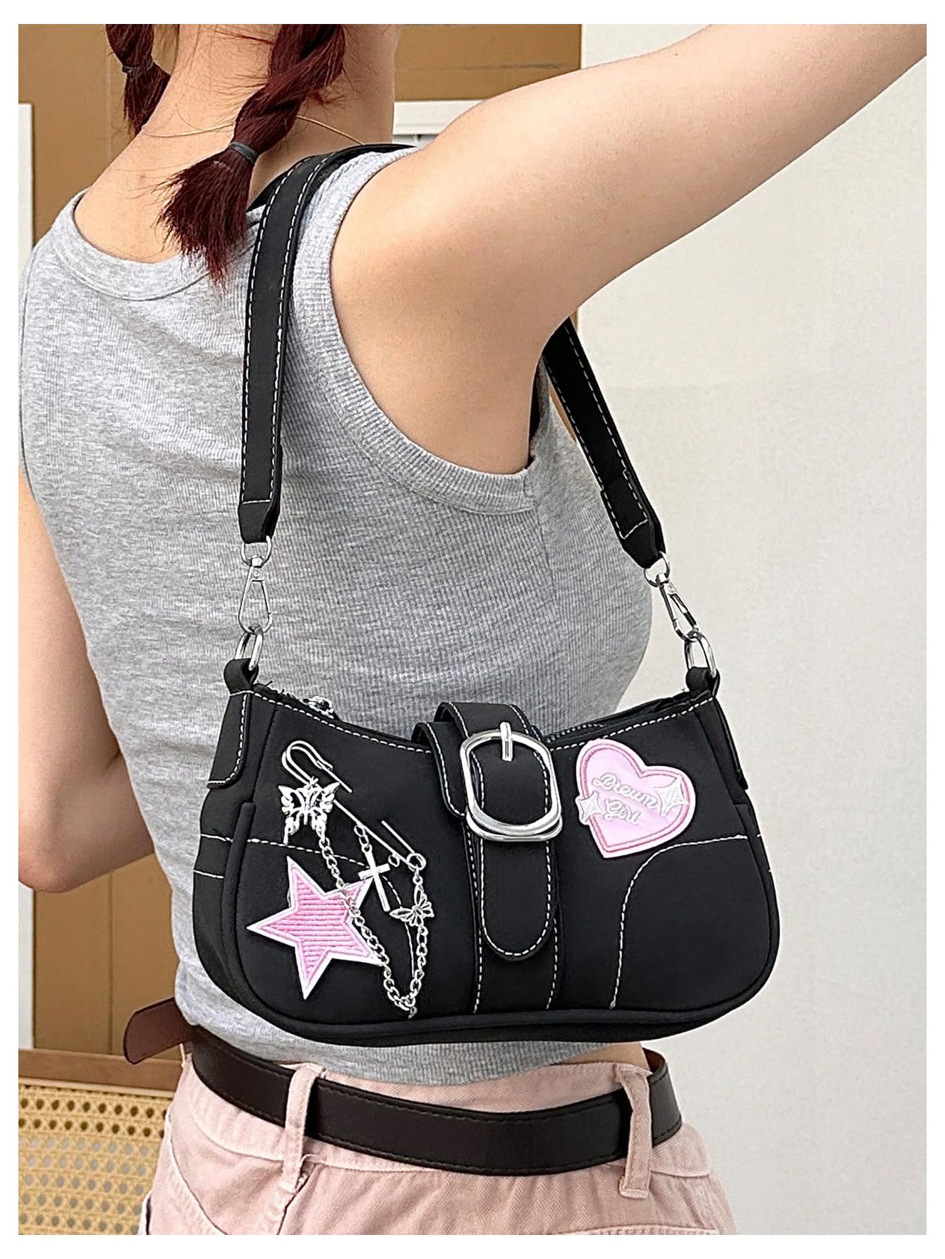 Verdusa Women's Y2k Star Embroidery Shoulder Bag Mini Chain Hobo Handbag Purses