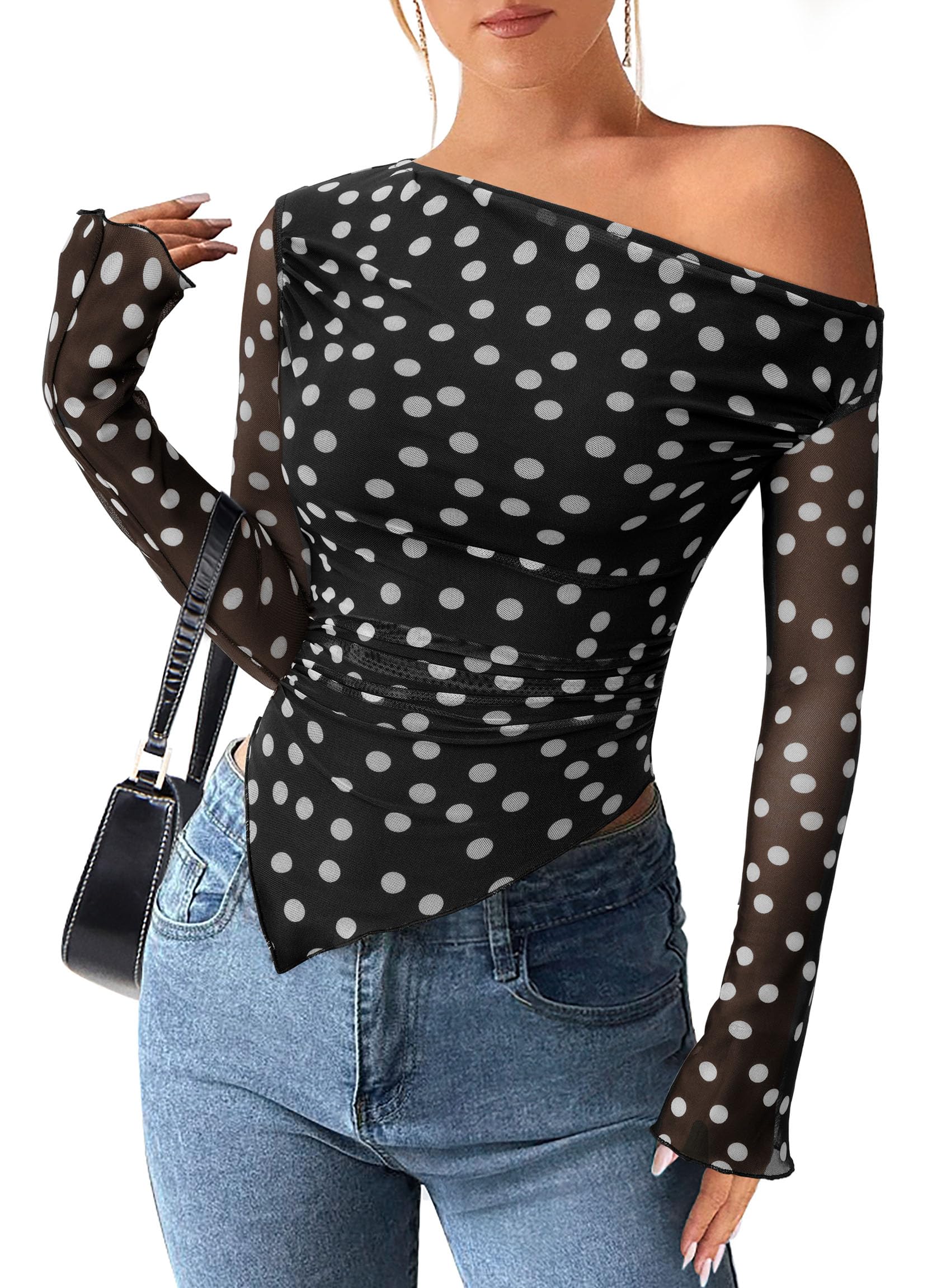 PRETTYGARDEN Womens Fall Trendy Off Shoulder Y2k Tops 2026 Tie Dye Mesh Long Sleeve Shirts Asymmetrical Ruched Floral Blouse