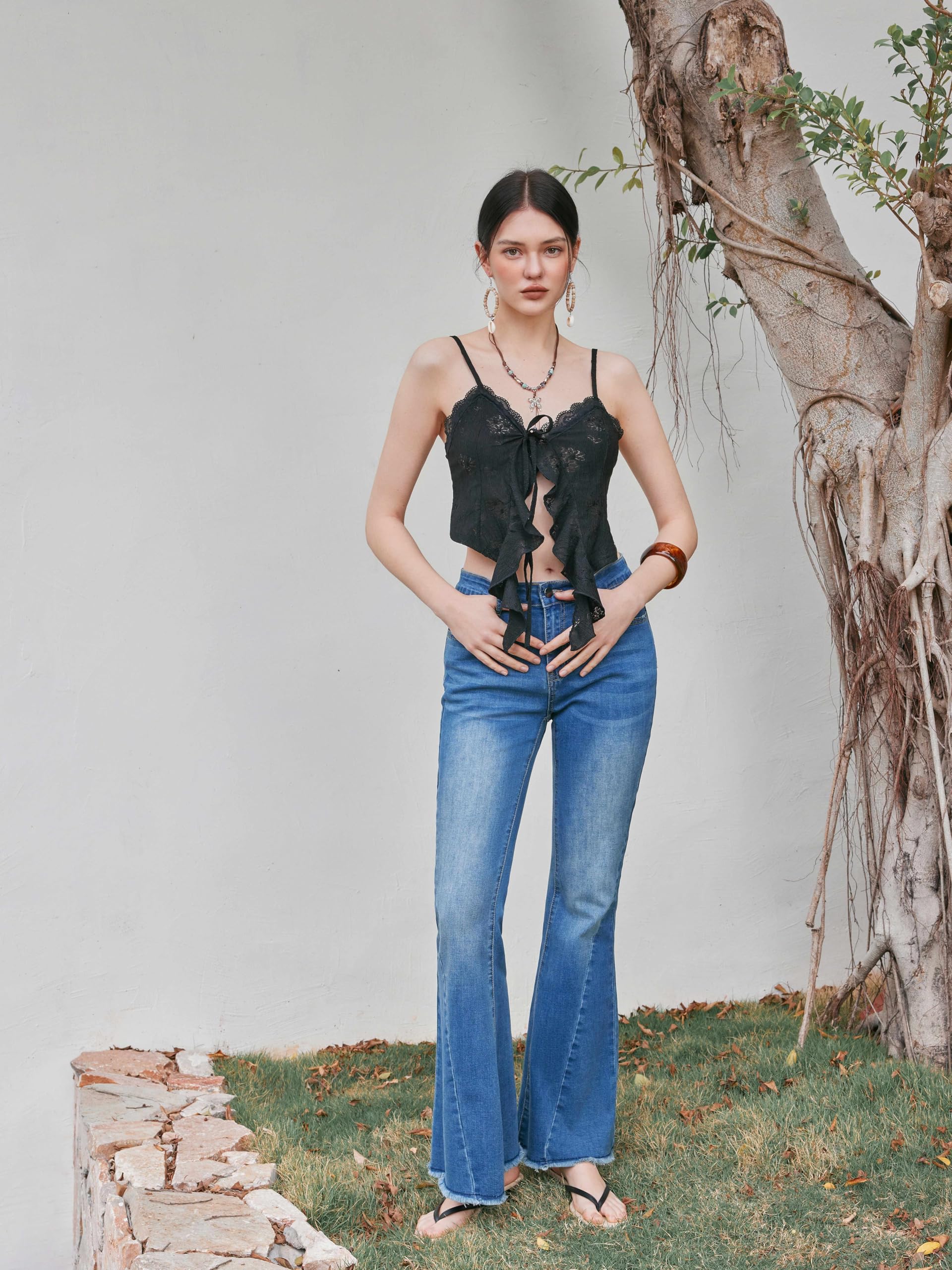 CIDER Going Out Tops for Women Y2K Tie Front Asymmetrical Ruffle Hem Lace Spaghetti Strap Cowgirl Crop Tops
