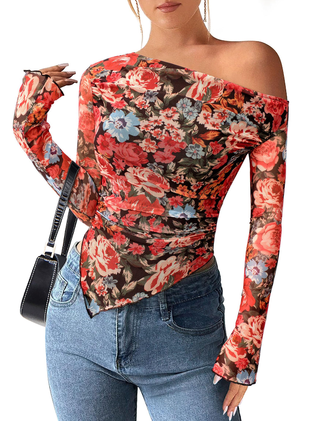 PRETTYGARDEN Womens Fall Trendy Off Shoulder Y2k Tops 2026 Tie Dye Mesh Long Sleeve Shirts Asymmetrical Ruched Floral Blouse